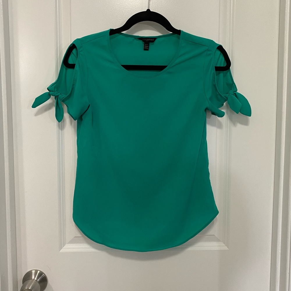 Teal bow short sleeve tie blouse by Loft
